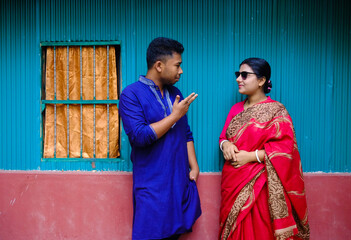 South asian newly married couple with traditional dress