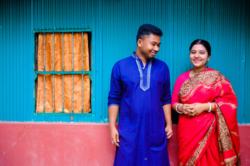 South asian newly married couple with traditional dress