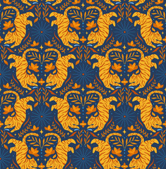 Cute vector seamless pattern with tiger and floral elements. Decorative chinese background for fabrics, textile.