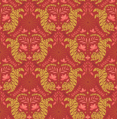 Vector seamless pattern of animal tiger. Modern chinese background. Decorative botanical texture for fabric, textile,  wallpaper, design.
