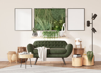 mock up poster frame in modern interior background, living room, Mixed style, 3D render, 3D illustration