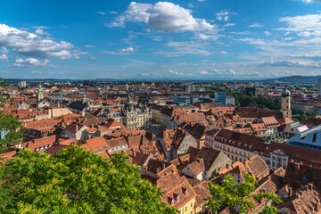 Graz, Austria - June 6, 2022 - Aerial panorama view of Graz city old town from Castle Hill (Schlossberg) - 519217610