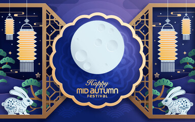 Mid autumn festival paper art style with full moon, moon cake, chinese lantern and rabbits on background. © Chef Kai Vector