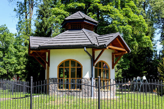 RABKA-ZDROJ, POLAND - 18 JULY 2022: A small pavillon in city park in Rabka-Zdroj, Poland.