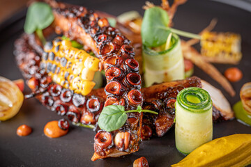 Fototapeta na wymiar Grilled Octopus with Corn and Cucumber.