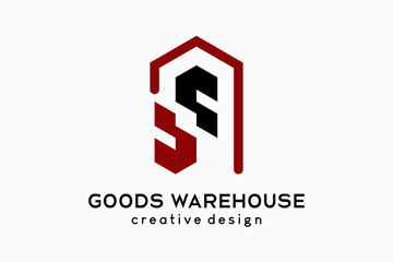 Warehouse or goods house logo design, letter s icon in line art house icon