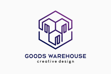 Fototapeta premium Warehouse or goods house logo design, box icon with line art concept in a hexagon