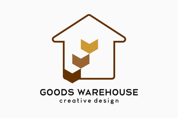 Warehouse or goods house logo design, three boxes icon in a line art house icon