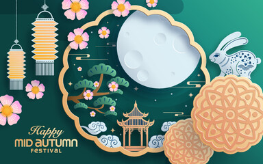 Mid autumn festival paper art style with full moon, moon cake, chinese lantern and rabbits on background. © Chef Kai Vector