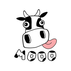 Funny cow face showing tongue. Vector cartoon illustration.