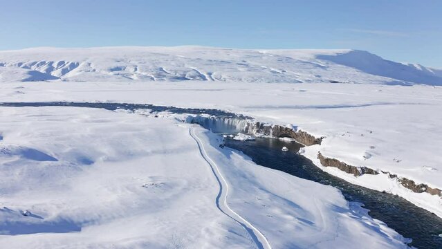 drone over Skjalfandafljot river and godafoss waterfall