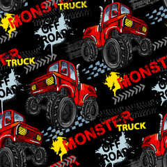 Abstract seamless grunge pattern for boy. Urban style modern background with Monster Truck car, trace of tire. Drive and speed modern creative wallpaper for guys. Extreme style © artlavi_design