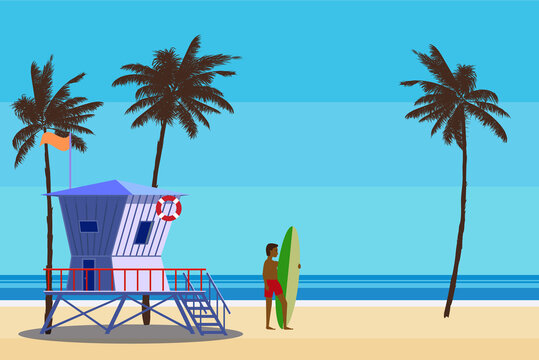 Lifeguard station on the beach palms, surfer, coast ocean, sea. Summer tropical landscape, vector