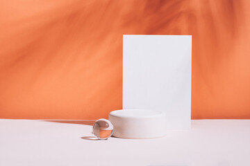 Abstract podium various geometric shapes and materials, stone glass, bright coral empty background,