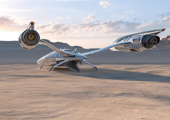 spaceship is landed in desert sunset rear view © DM7