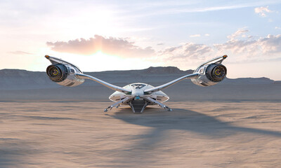 spaceship is landed is getting ready to take off in desert sunset rear view © DM7