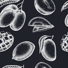 Fruits seamless pattern background design. Engraved style. Hand drawn mango.