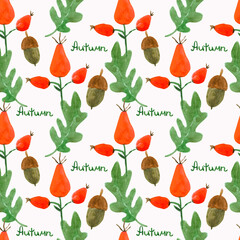 Watercolor seamless pattern of rosehip boxes are red