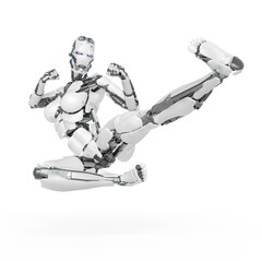 cyborg girl is kicking up in mma style on white background