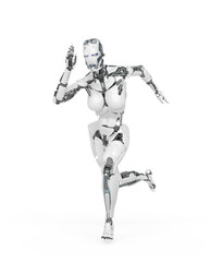 cyborg girl is running fast in action on white background