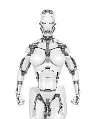 cyborg girl is angry and ready to attack on white background