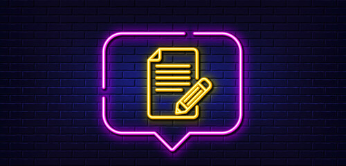 Neon light speech bubble. Feedback line icon. Page with pencil sign. Copywriting symbol. Neon light background. Article glow line. Brick wall banner. Vector