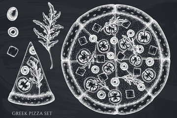 Pizza hand drawn vector illustrations collection. Chalk greek pizza.