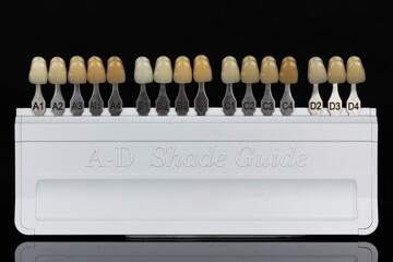 dental palette with different teeth and their natural shades from light to dark on a black background