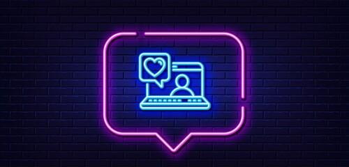Neon light speech bubble. Friends chat line icon. Friendship love sign. Assistance business symbol. Neon light background. Friends chat glow line. Brick wall banner. Vector