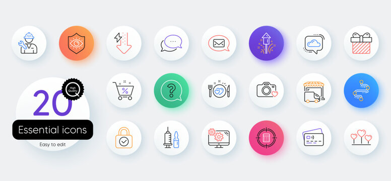 Simple set of Messenger, Photo camera and Cloud communication line icons. Include Medical vaccination, Calculator target, Surprise icons. Fireworks, Timeline, Energy drops web elements. Vector
