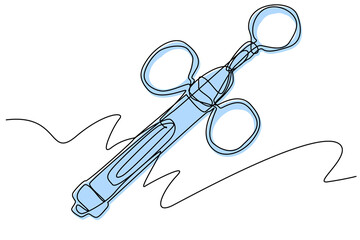 Three-ring karbul syringe, a medical instrument for operations in hospitals. Color drawn vector on white background, one line style, isolated. For medical equipment stores, banners and websites. 