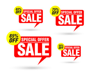Sale red tag speech bubble set. Special offer 55%, 65%, 75%, 85% off discount