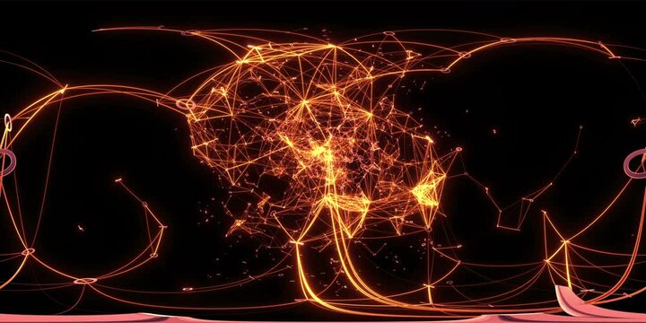 VR360 Digital Binary Metaverse Data Network expansion explosion Meta universe burst Plexus orange digits lines expanding forming a tunnel flying forward then collapses explodes Motion background 360VR