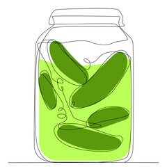 Color jar with pickled cucumbers, garlic, spices, pickles for the winter, delicious homemade food. Color illustration in one line style, vector image.  For shops, brand of vegetable products, menu.