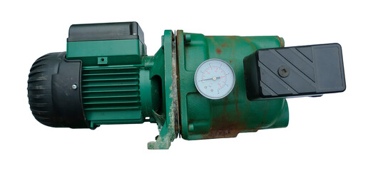 old non-working pump with electric motor with pressure gauge and relay on white background 