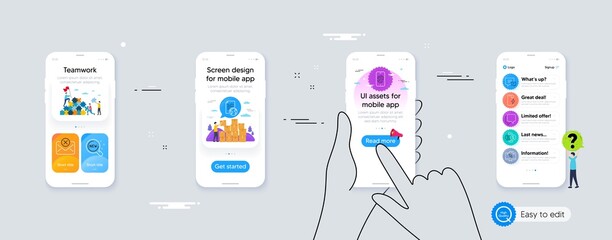 Set of Comment, Work home and Smartphone charging line icons. Phone ui interface. Include Internet document, New products, Reject mail icons. Vector