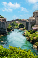 Vertical view of the Mostar Bridge in  Bosnia and Herzegovina