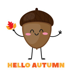 An acorn with yellow and orange leaves