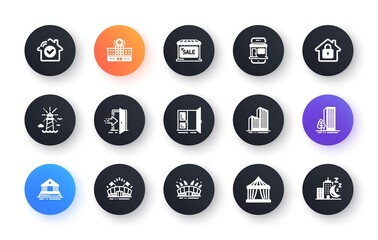 Minimal set of Buildings, Court building and Arena stadium flat icons for web development. House security, Open door, Hospital building icons. Skyscraper buildings, Sports arena. Vector