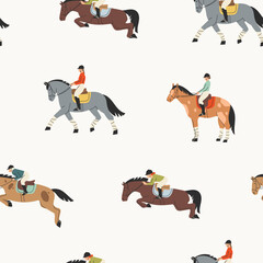 Jockey on racing Horses. Horseback riding, hippodrome racing, equestrian sport concept. Hand drawn Vector illustration. Cartoon style, flat design. Square seamless Pattern. Background, wallpaper