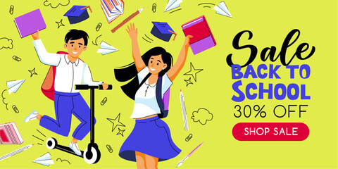 Back to school sale banner poster. Vector illustration of girl and boy with books. Study and education concept