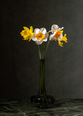 Fototapeta na wymiar Bouquet of yellow and white daffodils in a green glass vase on a marble table. Spring freshness and aroma. Dark background. Calm still life. Decoration. Four flowers. Comfort, enjoyment at home.