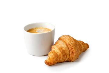 Cup of coffee and fresh baked Croissant isolated on white background. Delicious french croissant...