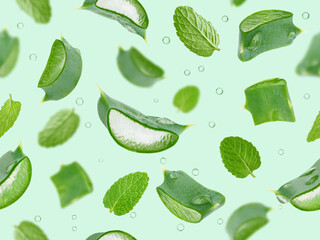 Aloe vera and mint leaves seamless pattern on green background.