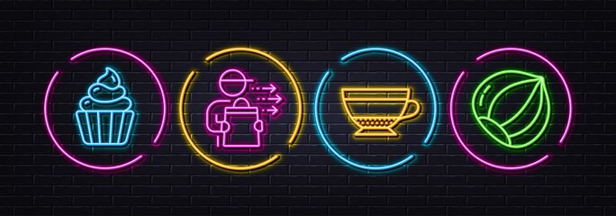 Dry cappuccino, Cupcake and Food delivery minimal line icons. Neon laser 3d lights. Hazelnut icons. For web, application, printing. Beverage mug, Sweet cake, Courier. Vegetarian nut. Vector