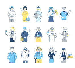 さまざまな職業の人々　男女15人上半身　セット