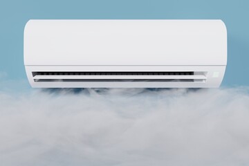 indoor unit of air conditioner on blue background with fog 3d