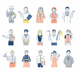 さまざまな職業の人々　男女15人上半身　セット