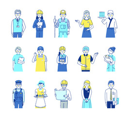 さまざまな職業の人々　男女15人上半身　セット