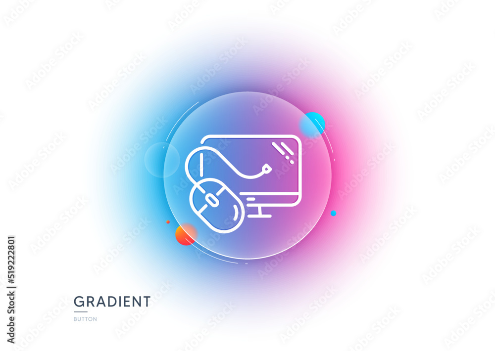 Poster computer line icon. gradient blur button with glassmorphism. pc mouse component sign. monitor symbol